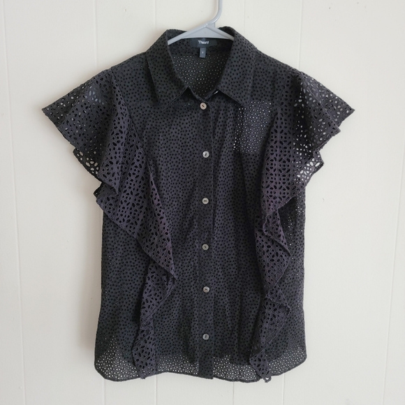 Theory Nova Black Eyelet Button-Up Ruffle Top - Picture 2 of 4